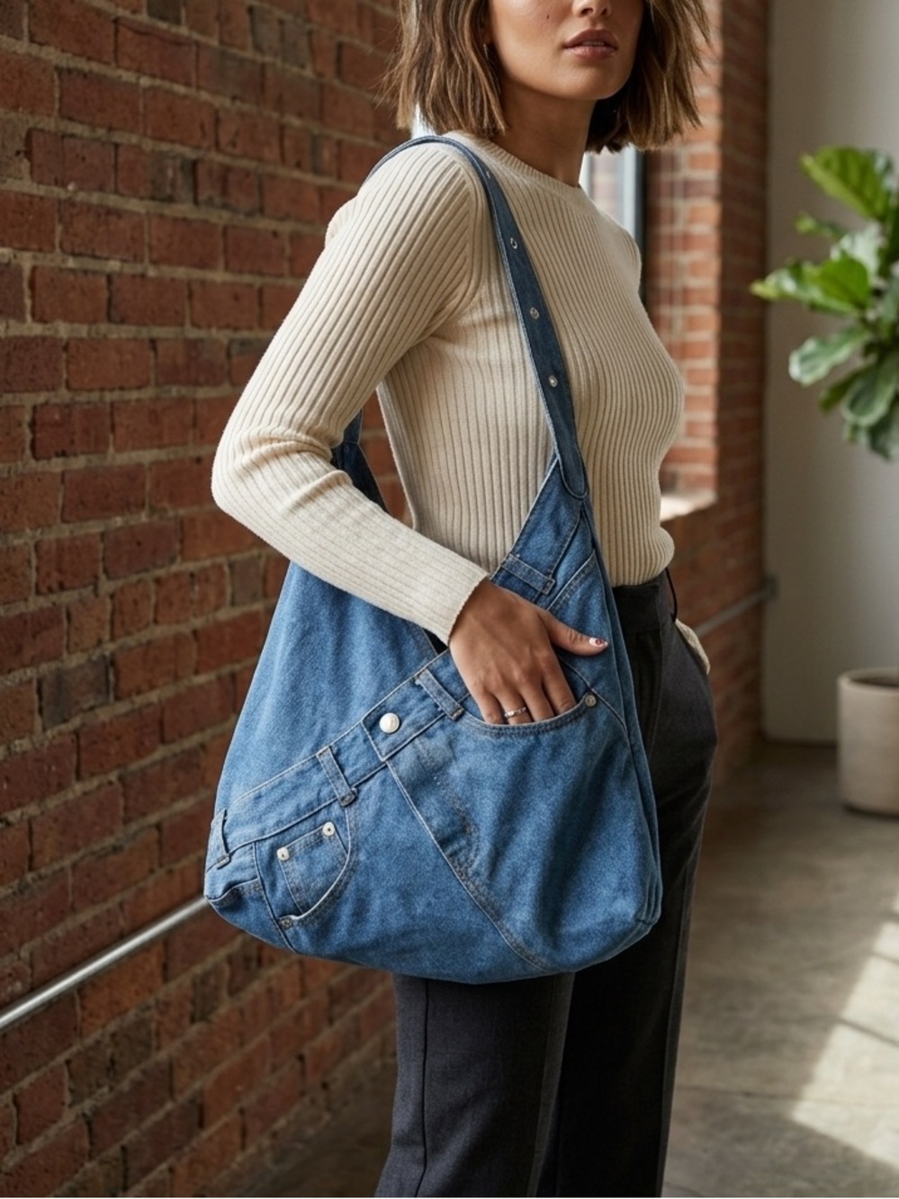 Denim Shoulder Hobo Bag in Blue